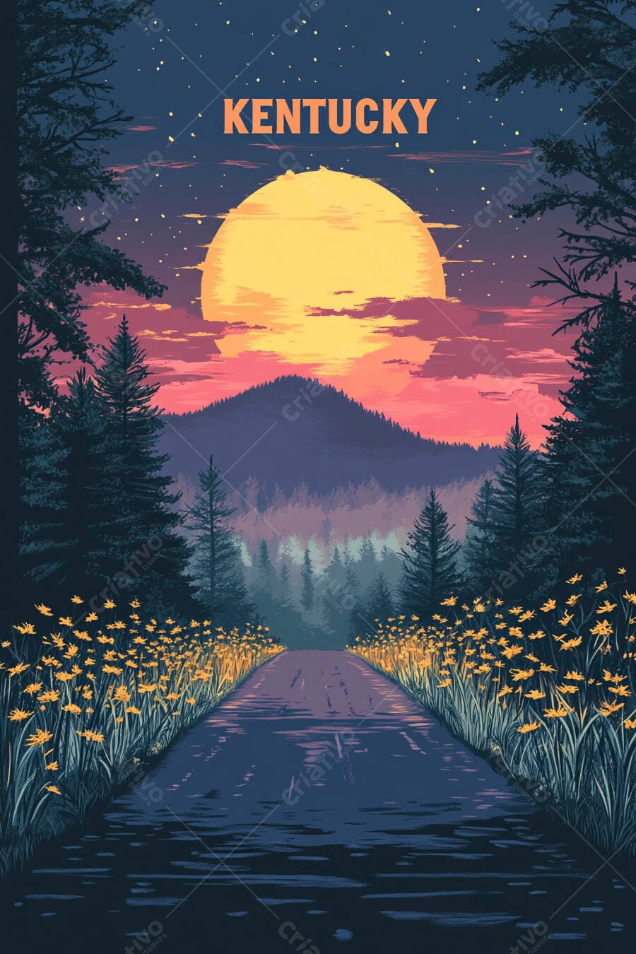 Kentucky paisagem noturna estrada rural montanhas lua cheia pinheiros e flores amarelas