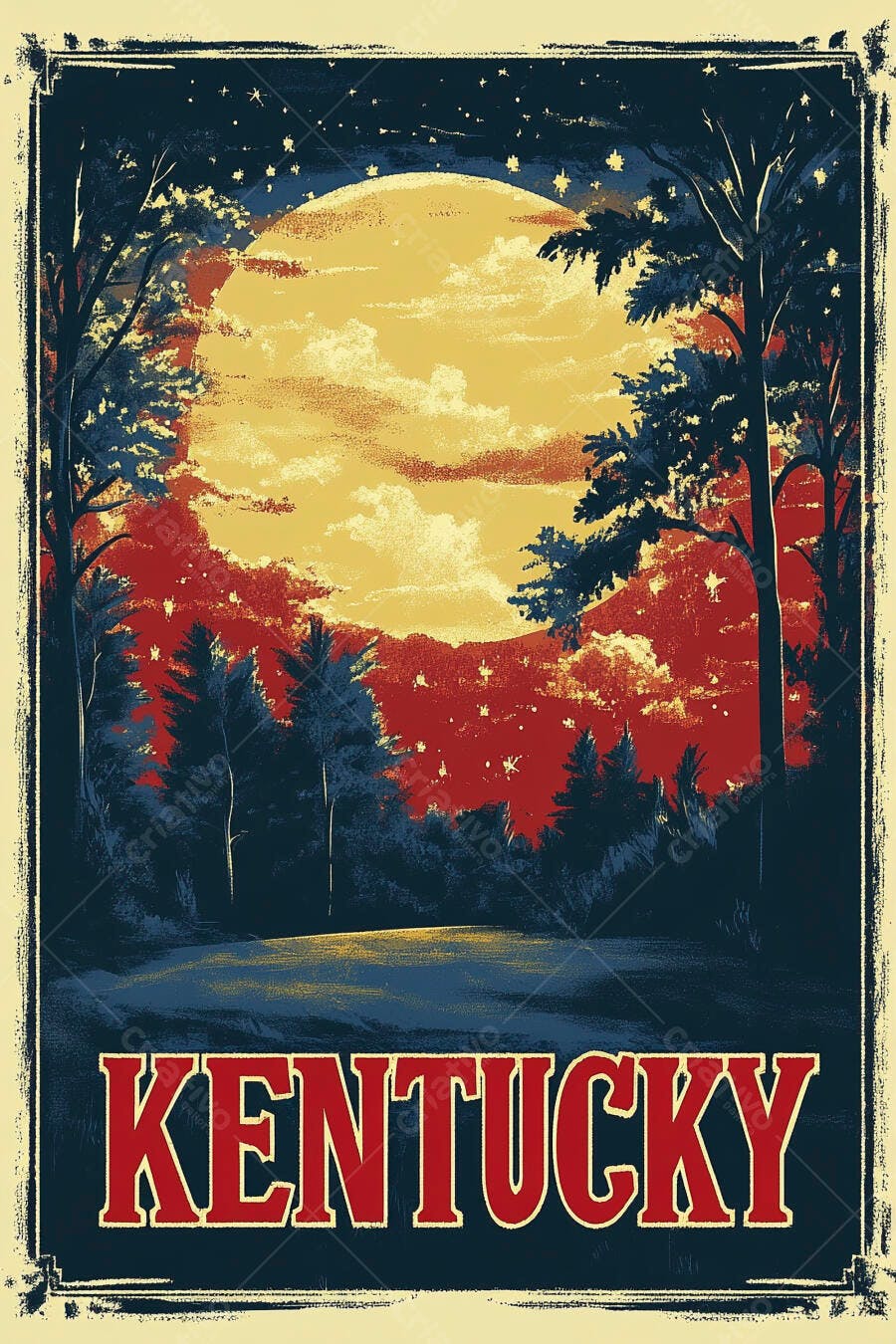 Poster de Kentucky com lua cheia em floresta noturna estilo vintage cores vibrantes