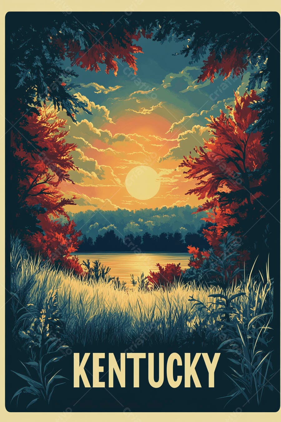 Paisagem de Kentucky pôr do sol dourado lago e árvores outonais vintage