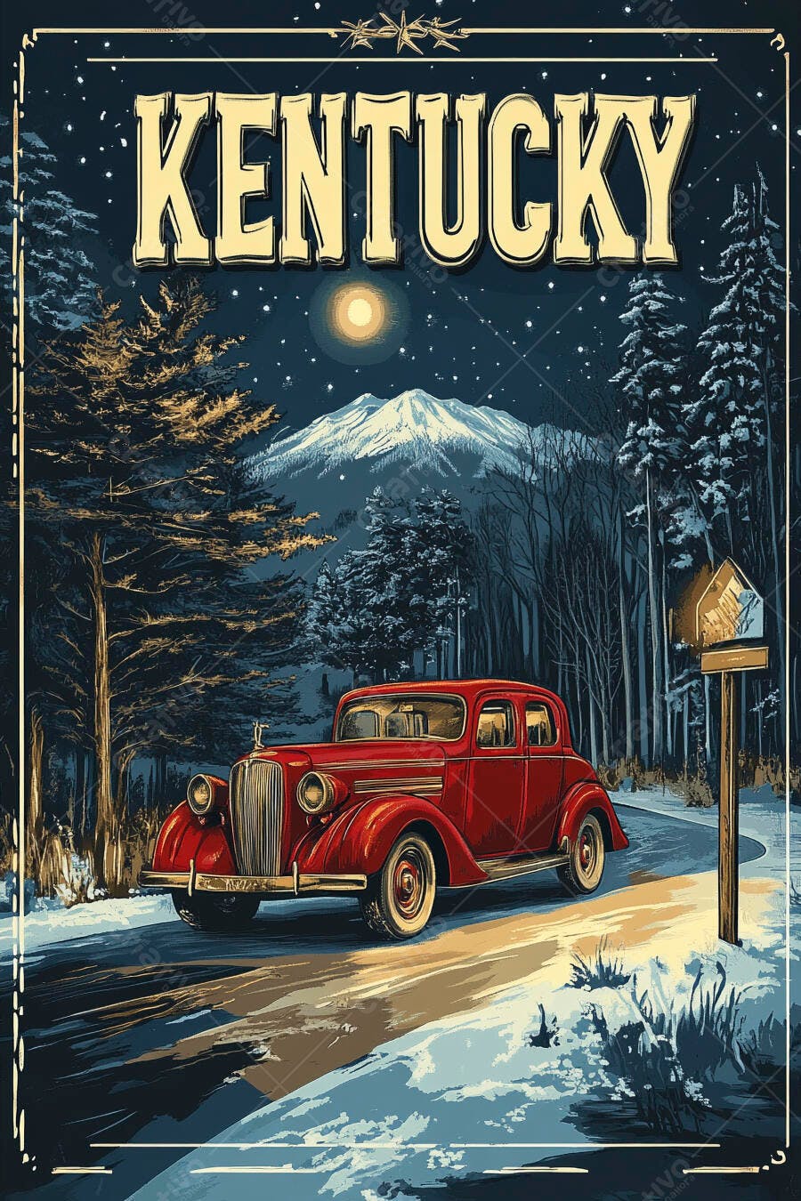 Carro vintage vermelho em estrada nevada montanhas Kentucky noite estrelada