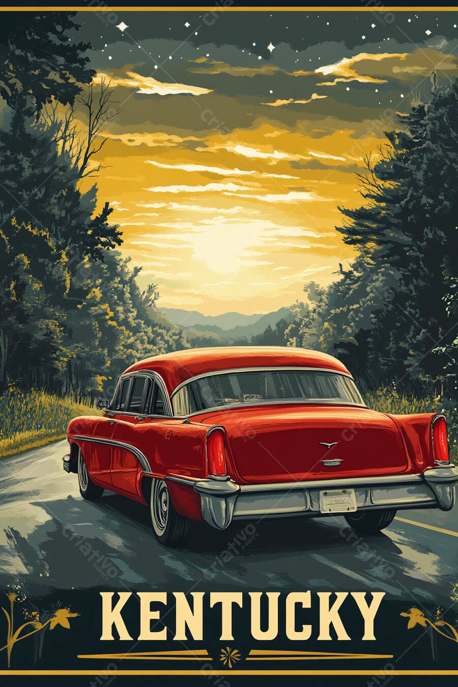 Carro vermelho vintage na estrada arborizada ao pôr do sol Kentucky