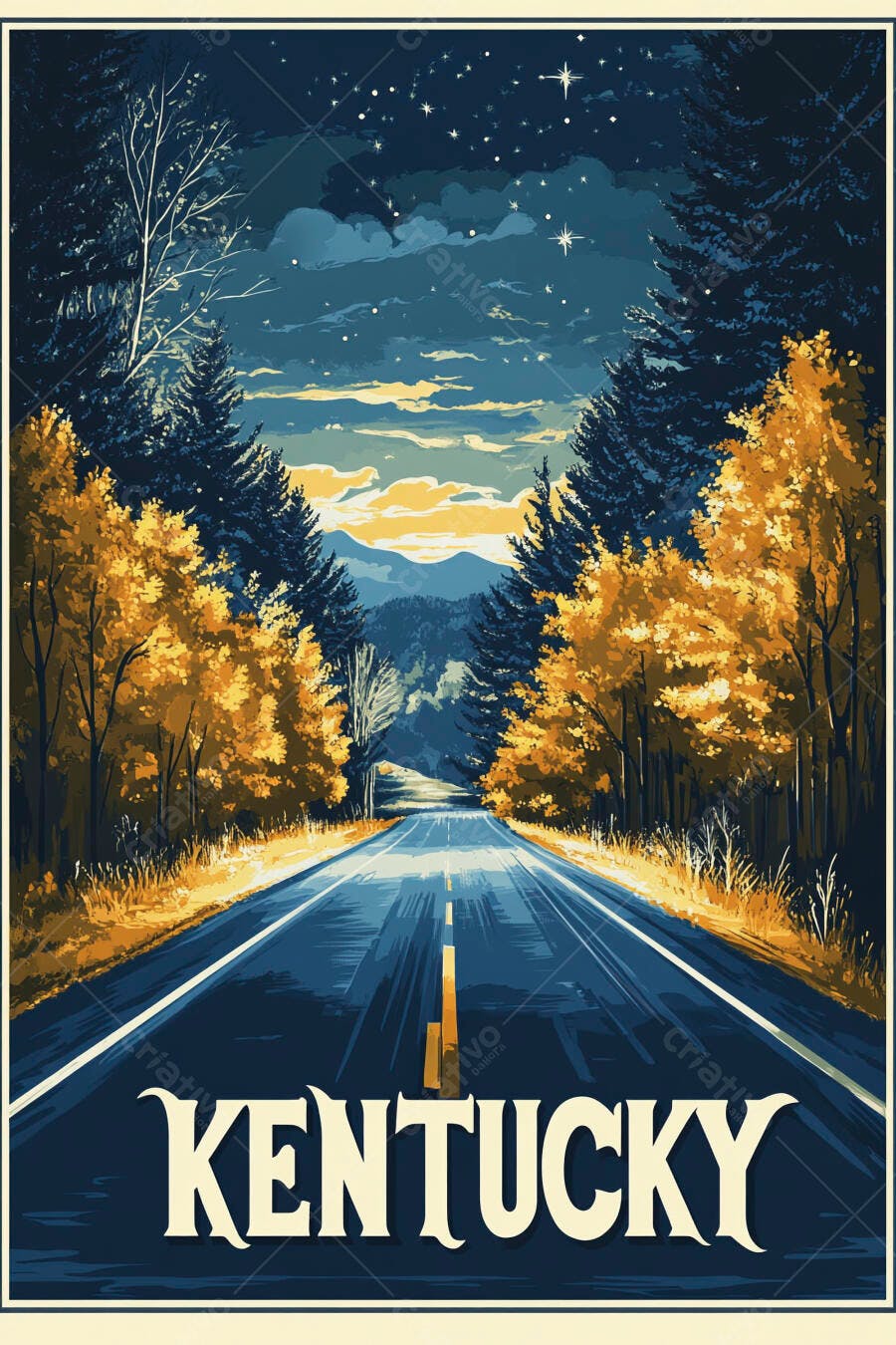Estrada cênica em Kentucky floresta outonal sob céu estrelado ao anoitecer