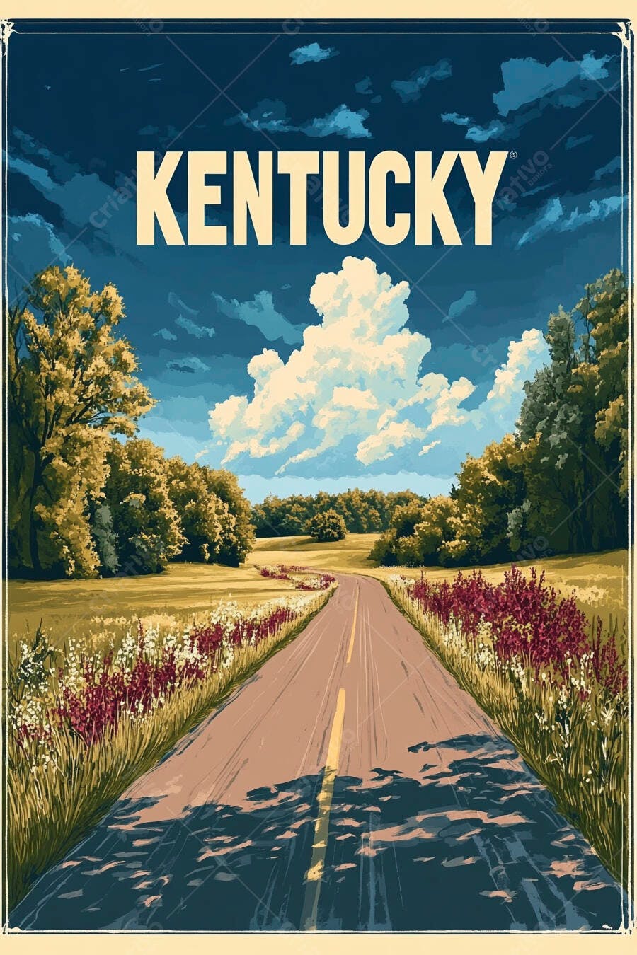 Kentucky estrada rural paisagem verde com flores vibrantes e céu azul