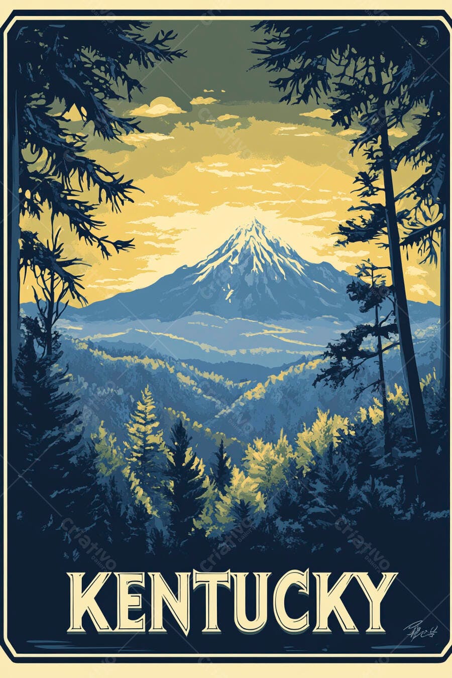Ilustração montanha Kentucky florestas e vale paisagem estilo vintage