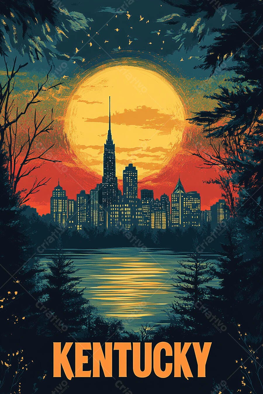 Paisagem urbana Kentucky com arranha-céus sob lua cheia amarela e pôr do sol laranja