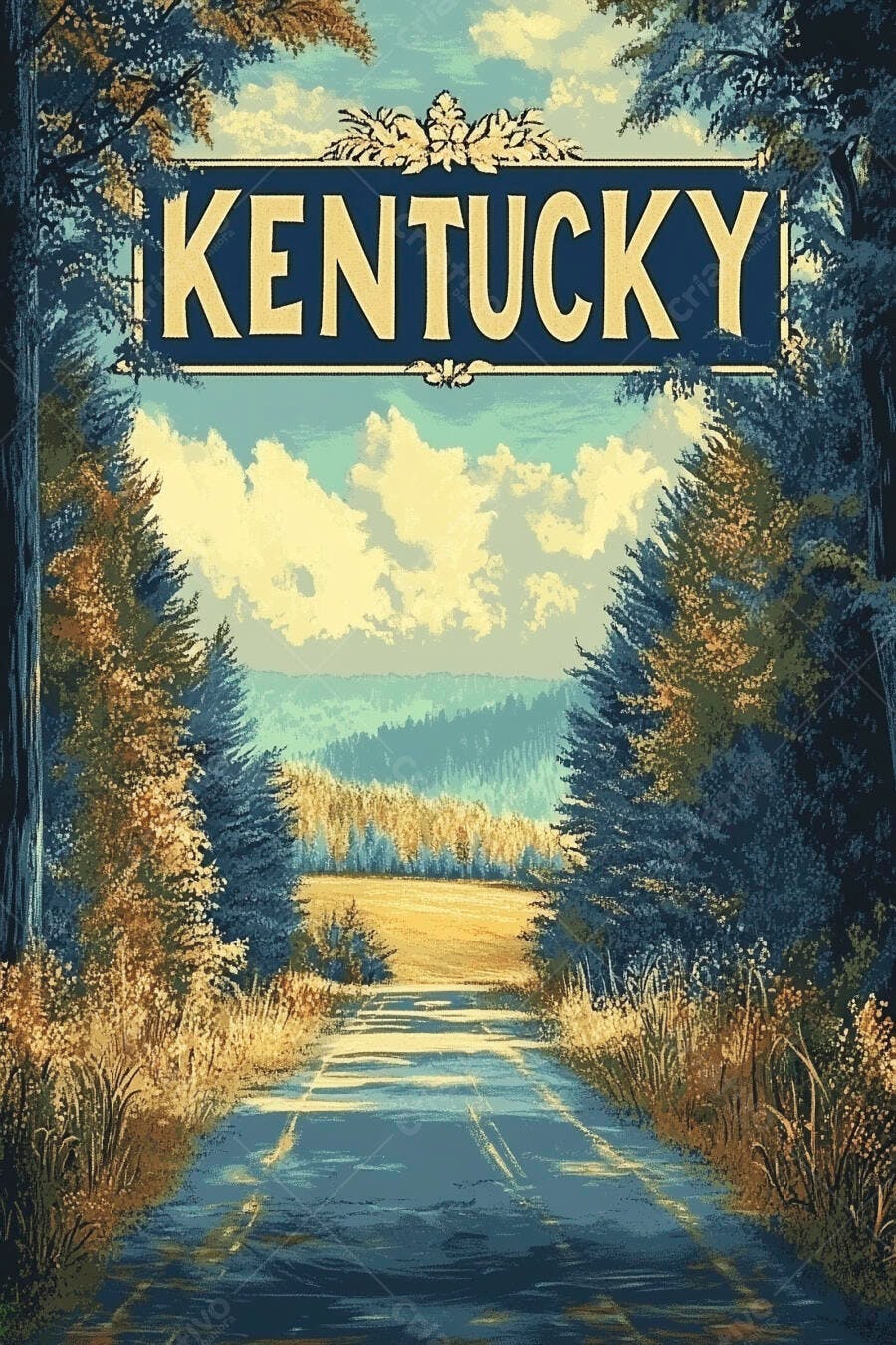 Pôster vintage Kentucky estrada rural outono árvores amarelas e azuis