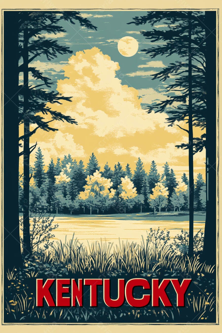 Poster vintage Kentucky floresta azul e amarela à beira do lago com lua cheia