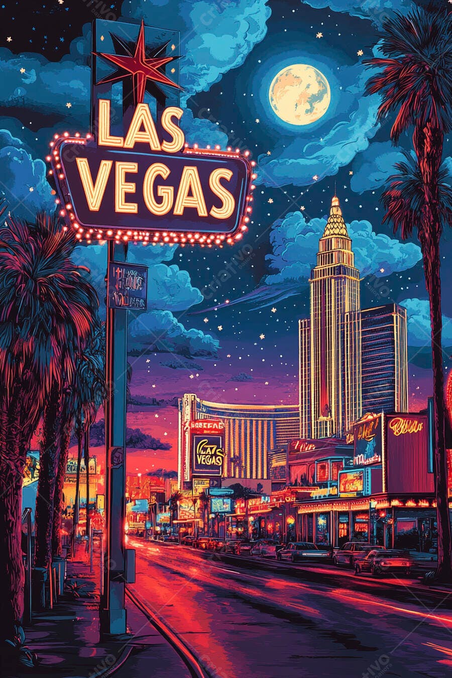 Placa neon Las Vegas com palmeiras e arranha-céus à noite sob lua cheia
