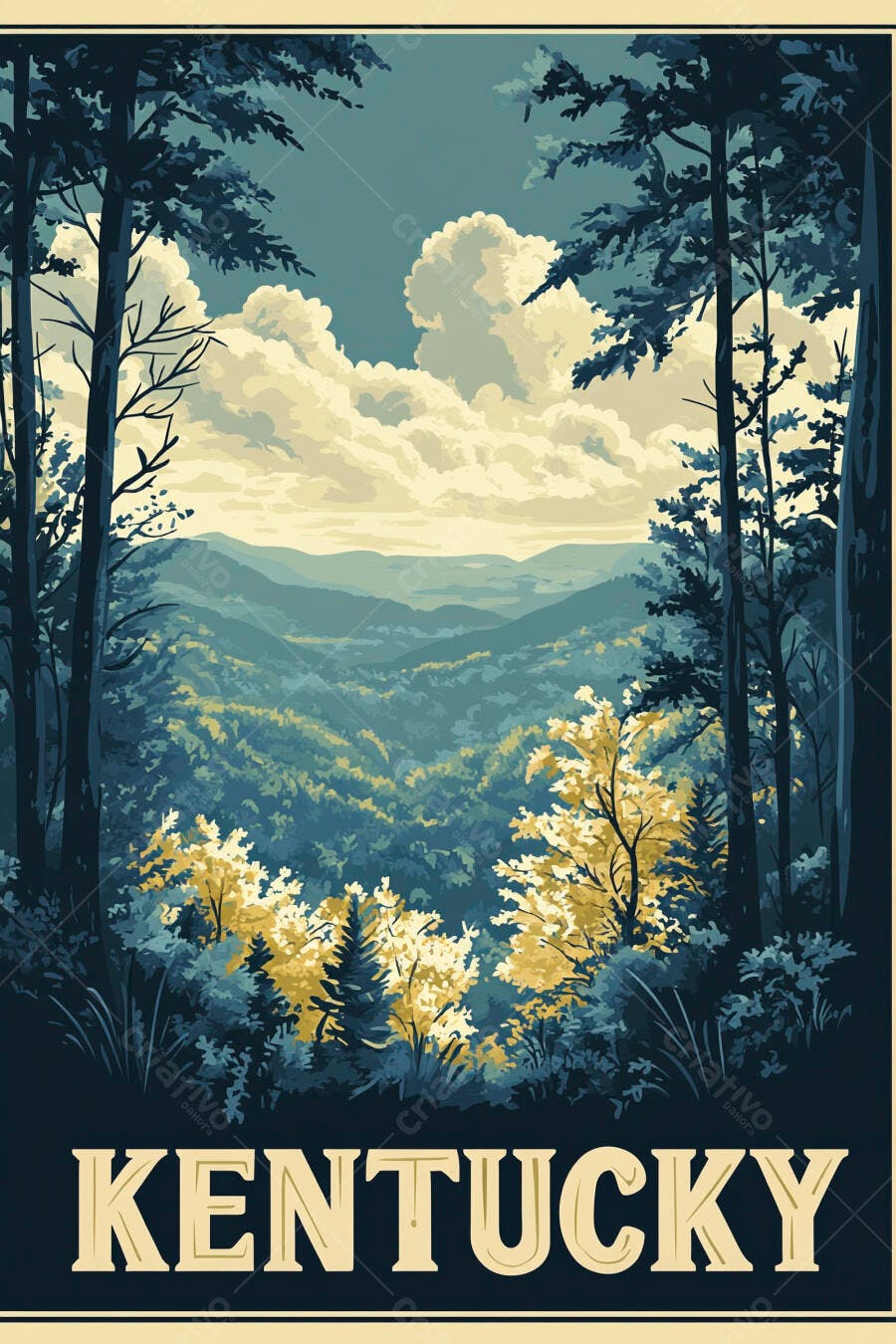 Kentucky paisagem florestal poster vintage montanhas folhagem dourada