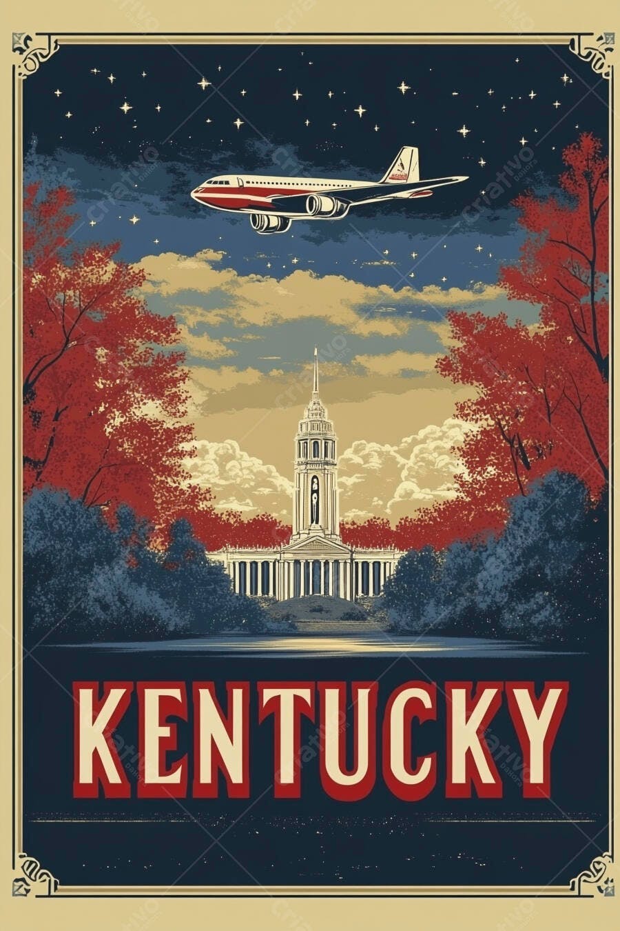 Cartaz vintage Kentucky com avião e capitólio estadual