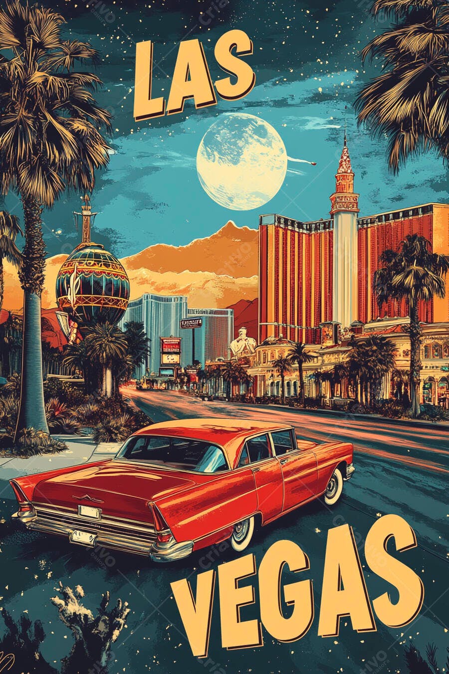 Las Vegas cidade noturna com carro clássico vermelho e palmeiras sob a lua