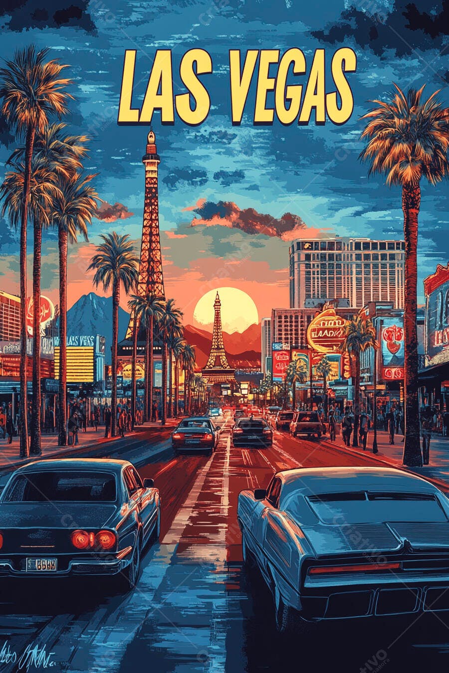 Las Vegas Strip ao pôr do sol carros clássicos palmeiras céu azul e laranja