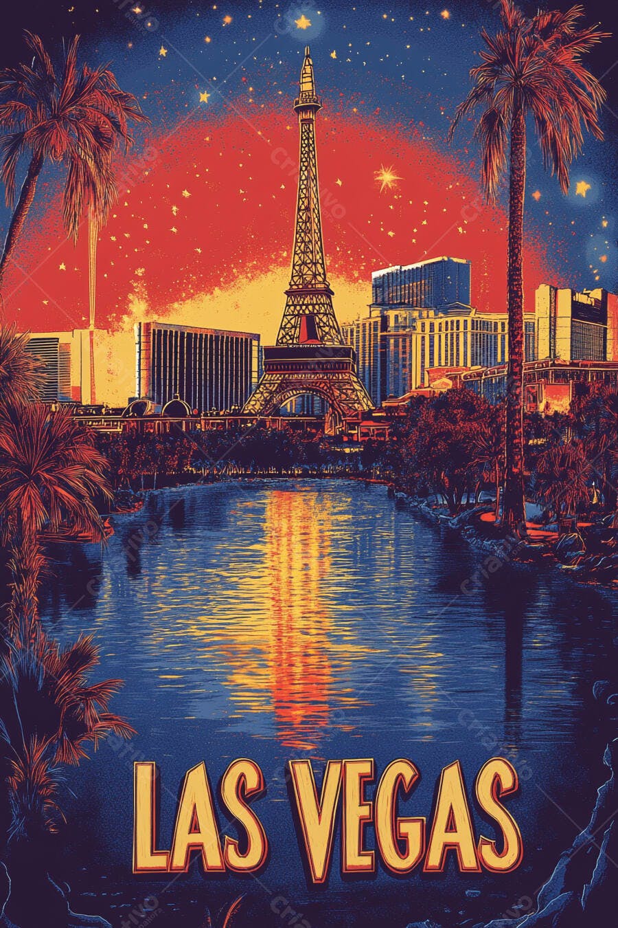 Las Vegas skyline noturno com Torre Eiffel palmeiras e céu estrelado vibrante
