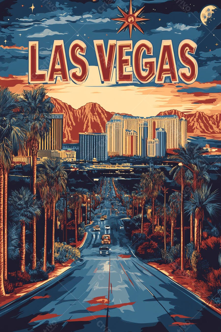 Las Vegas poster vintage céu noturno palmeiras e montanhas com carros na estrada