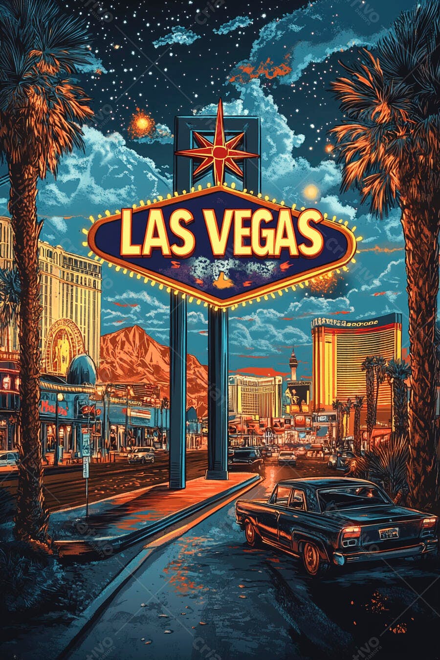 Placa Las Vegas iluminada com skyline vibrante e palmeiras à noite