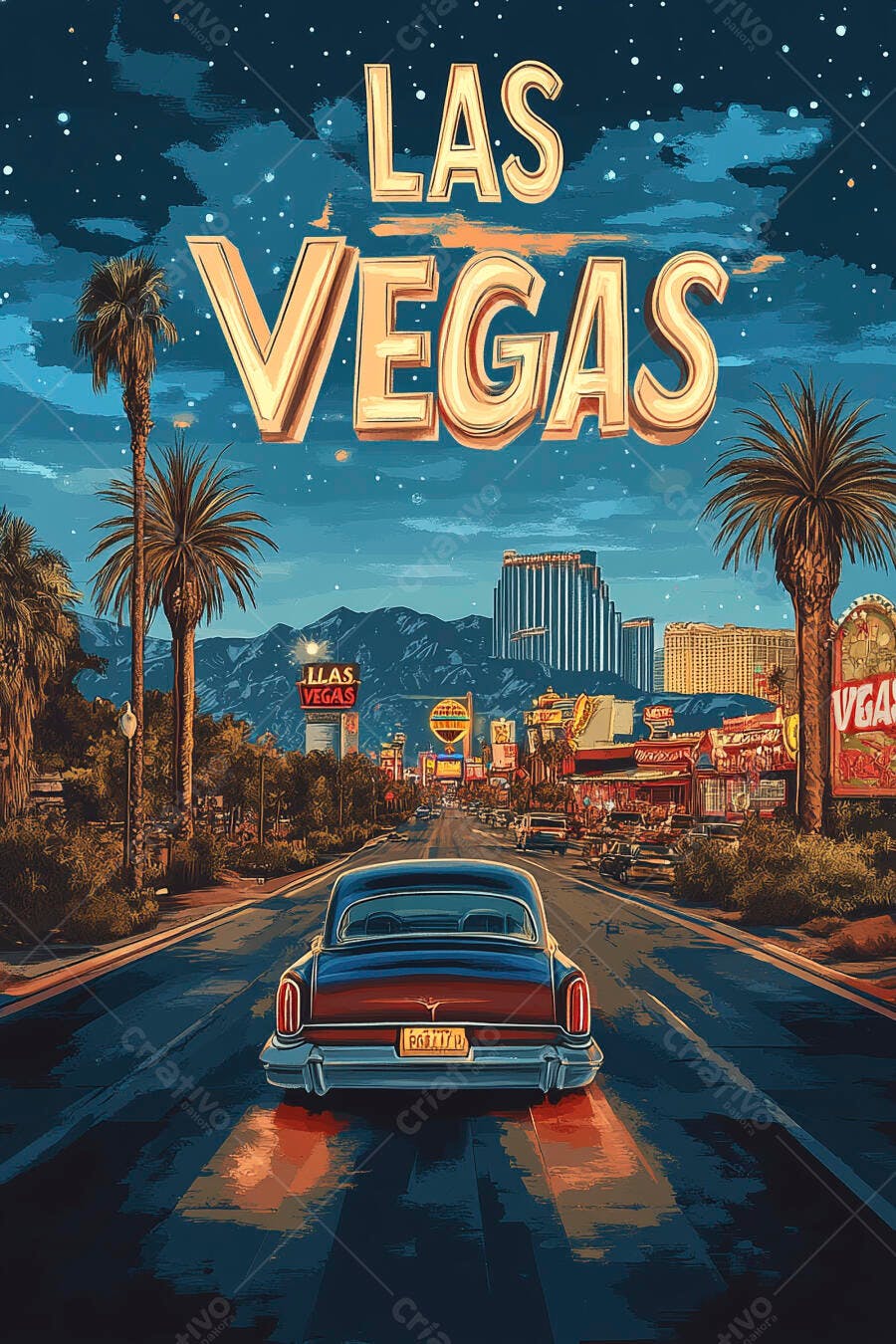 Carro clássico azul e vermelho em estrada noturna para Las Vegas Nevada ilustrado