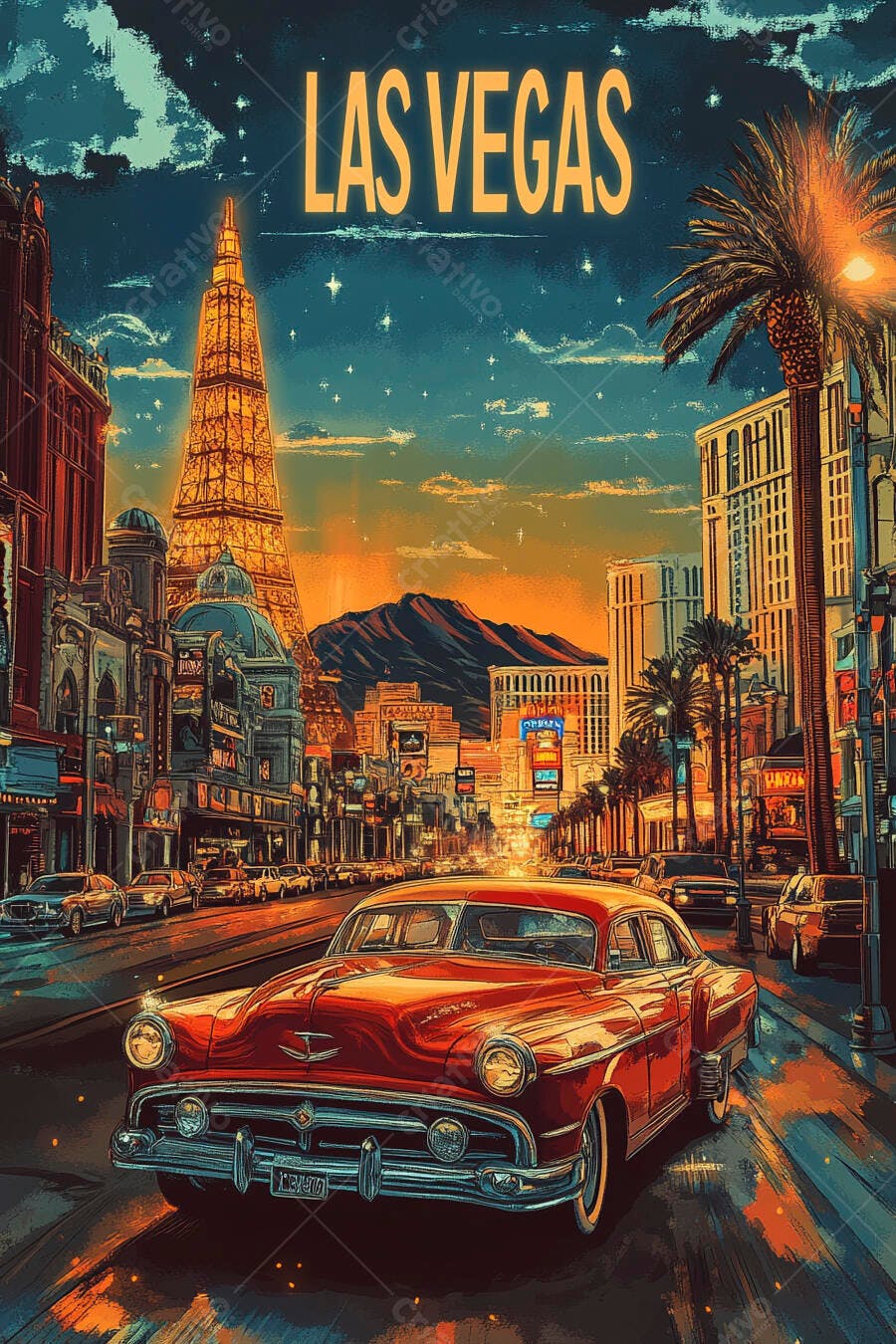 Carro clássico vermelho na Strip Las Vegas com torre Eiffel iluminada ao anoitecer