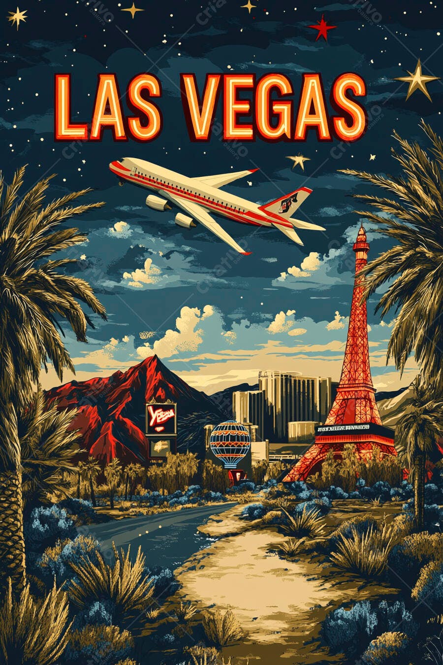 Las Vegas noturna avião sobrevoando palm trees e Torre Eiffel iluminada