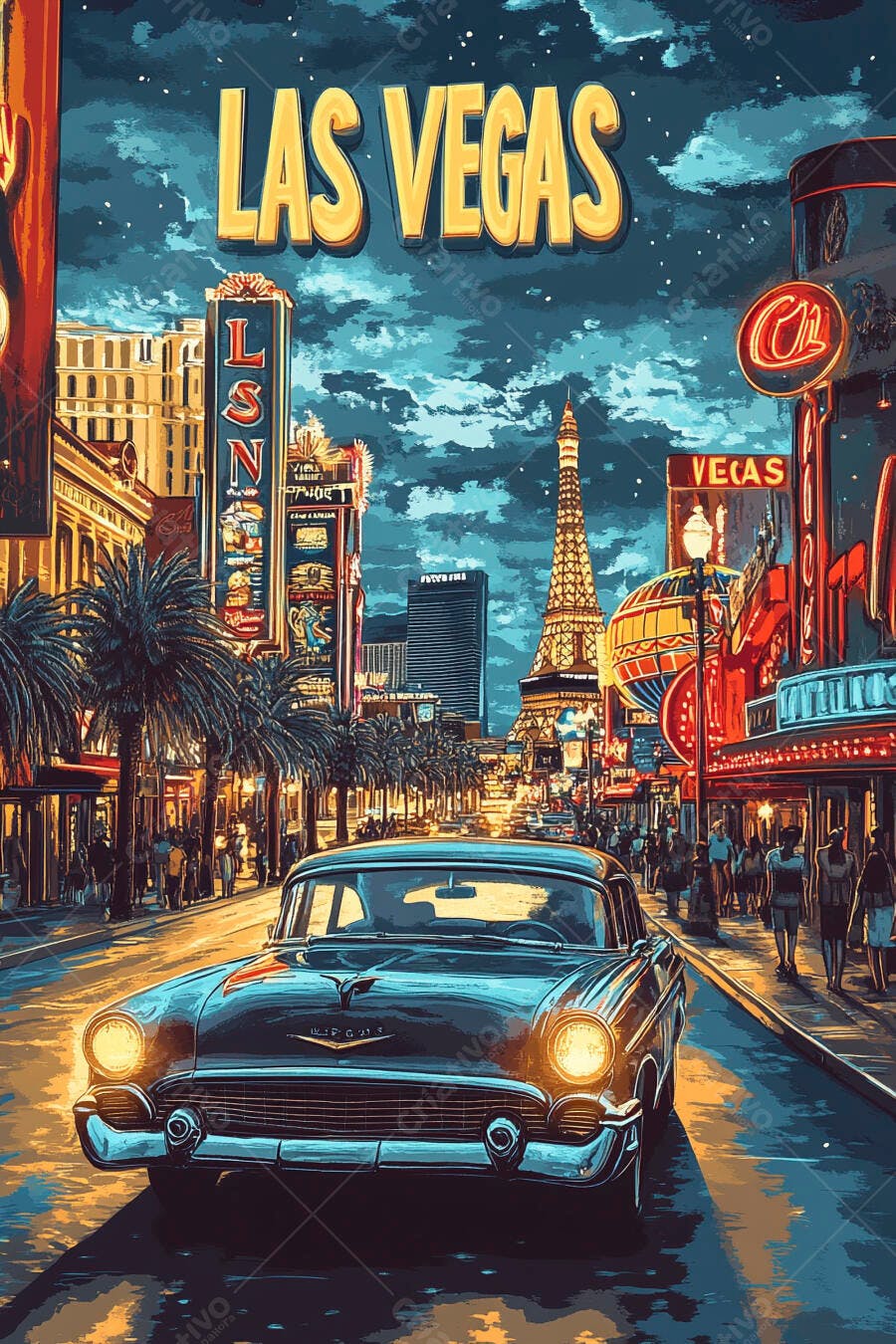 Las Vegas rua com carro clássico azul, neons vermelhos e céu noturno vibrante