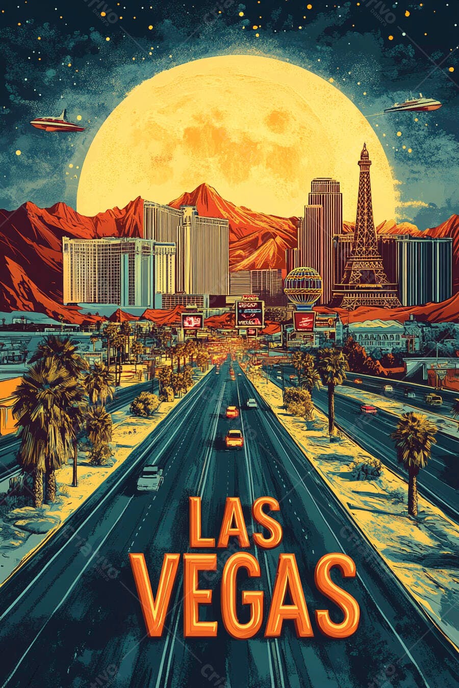 Las Vegas retro com lua gigante prédios icônicos e carros em rodovia à noite