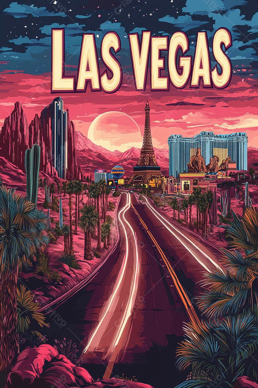 Las Vegas cidade noturna com torre Eiffel e hotéis sob céu rosa avermelhado