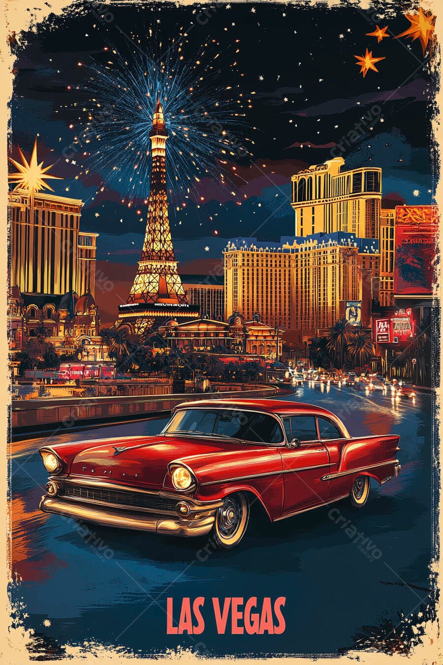 Carro vermelho vintage em Las Vegas noite com fogos de artifício e torre iluminada