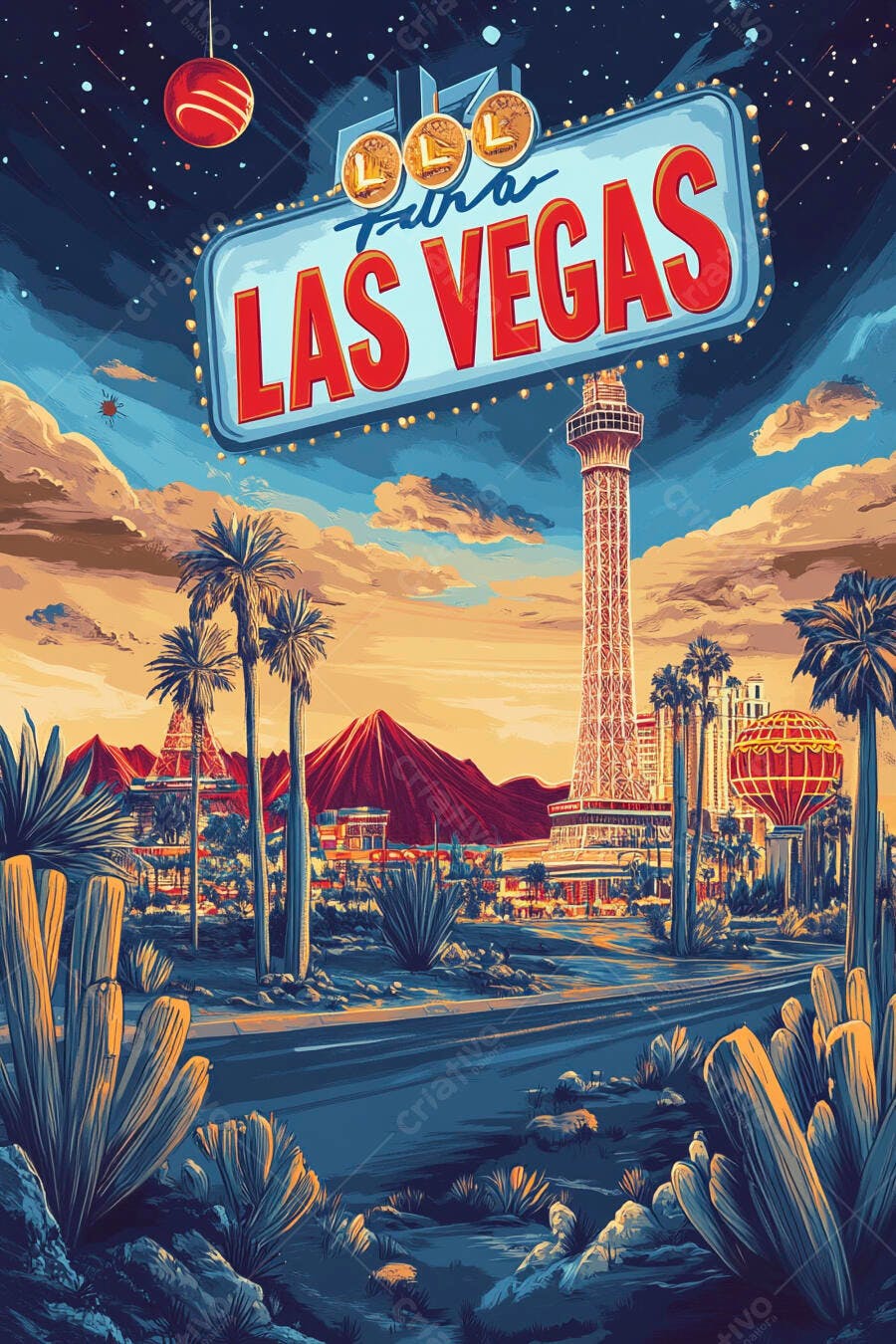 Placa de Las Vegas cidade deserto ao entardecer vibrante com torre e palmeiras