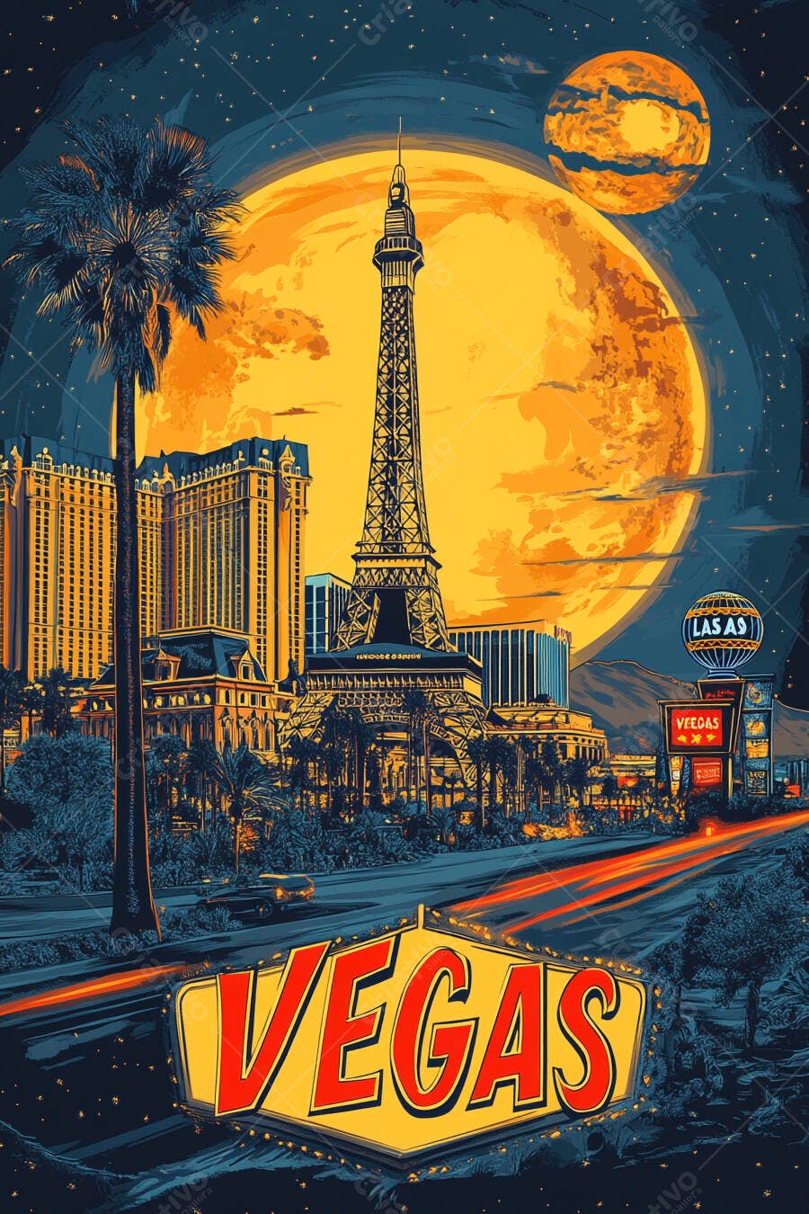 Las Vegas noturna Torre Eiffel lua cheia laranja e letreiro luminoso "Vegas" em estilo pop art