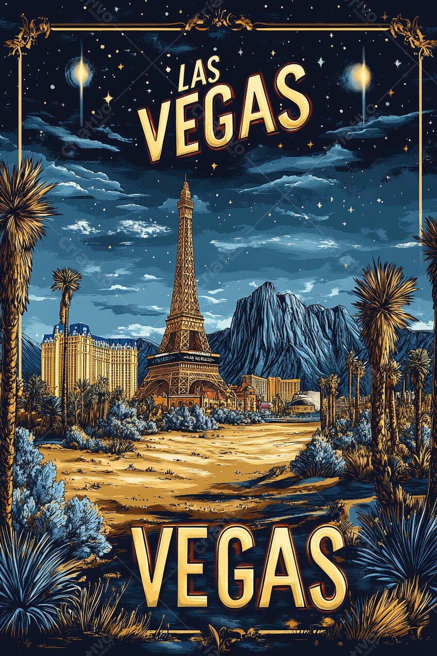 Las Vegas noturna com Torre Eiffel e palmeiras ilustração vibrante
