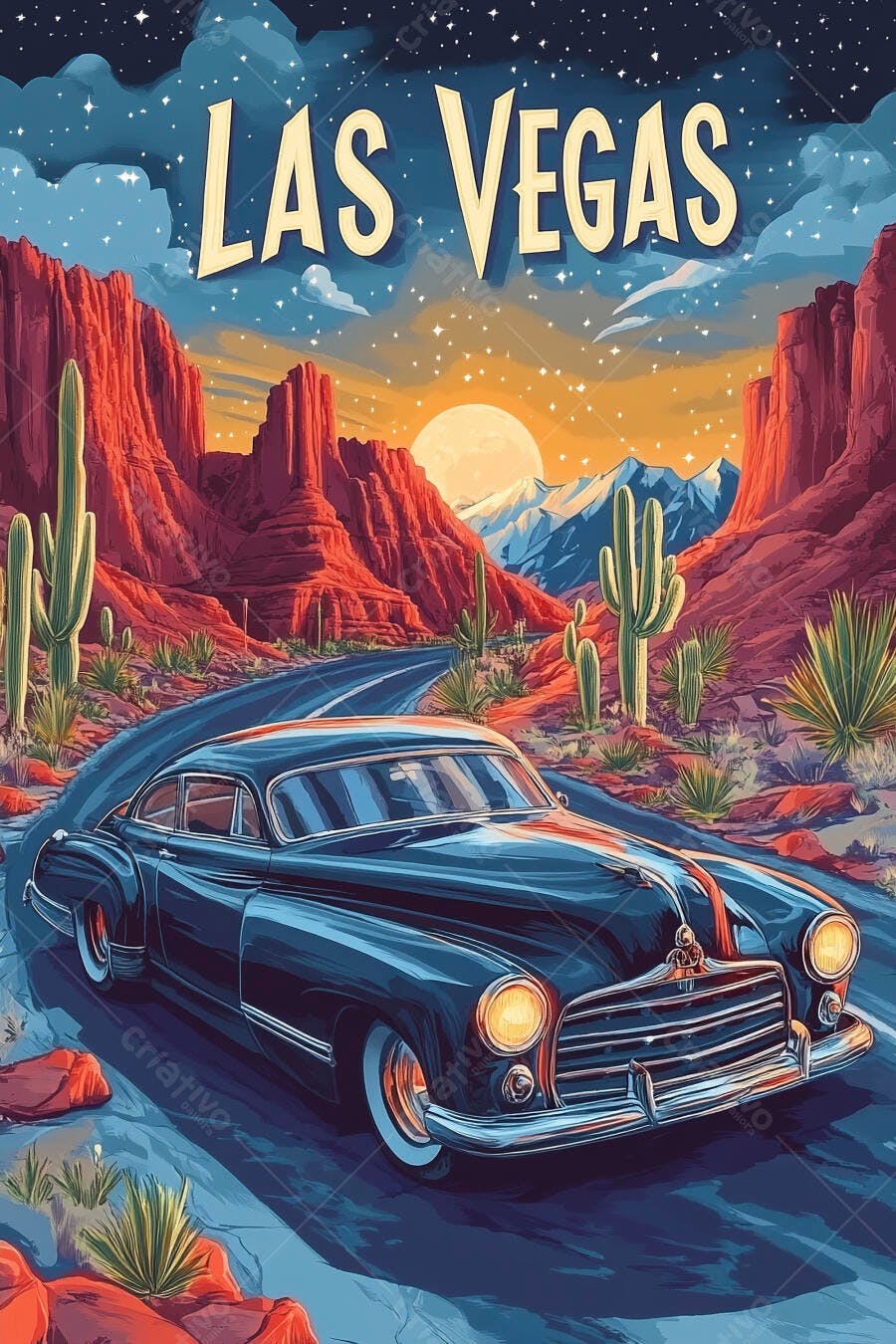 Carro clássico azul em estrada deserta com cactos e montanhas Las Vegas
