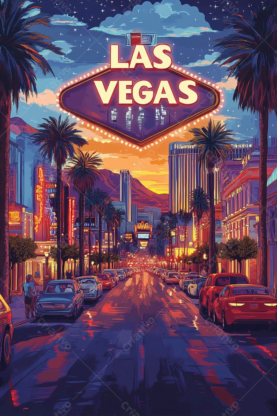 Placa Las Vegas neon na rua com palmeiras e carros sob céu crepuscular
