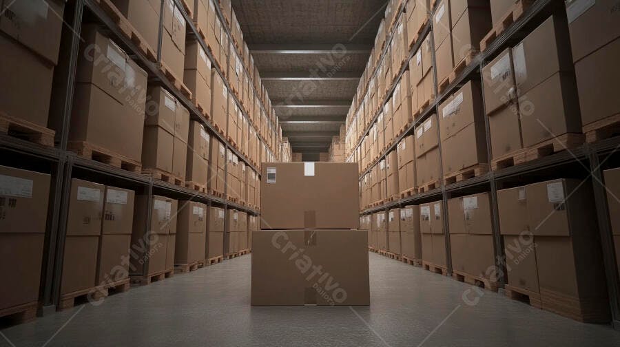 Corredor de armazém com pilhas de caixas de papelão marrons em prateleiras industriais