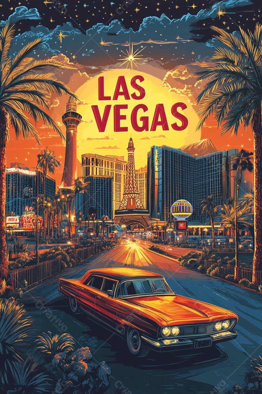 Las Vegas vibrante pôr do sol com carro clássico e palmeiras na rua principal