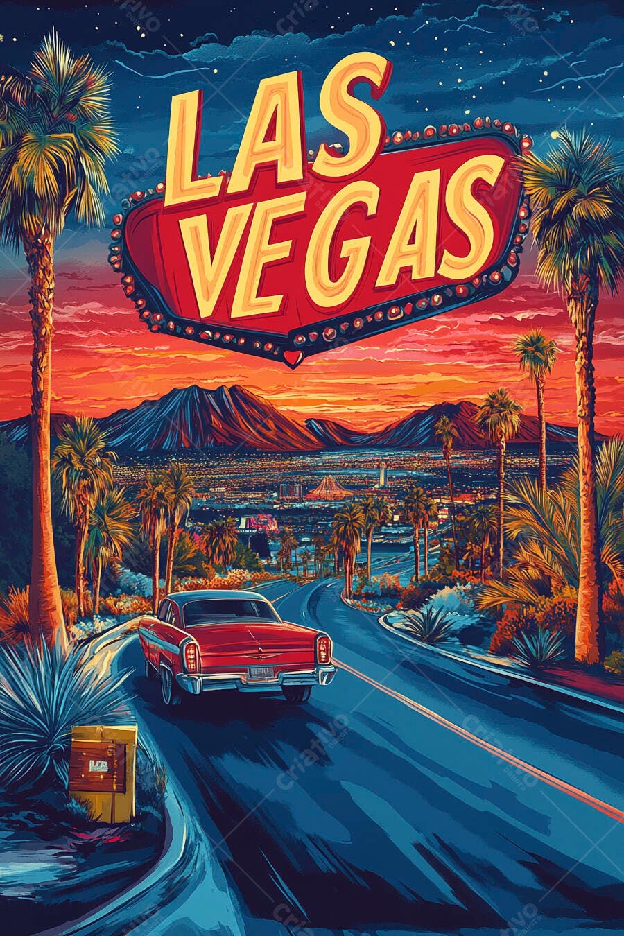 Sinal Las Vegas vibrante com carro vintage vermelho na estrada ao pôr do sol