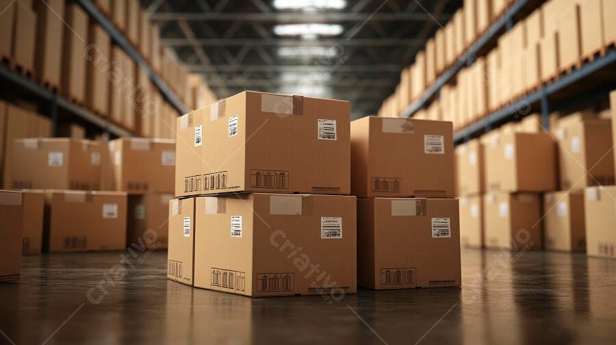 Caixas de papelão em armazém industrial com prateleiras cheias