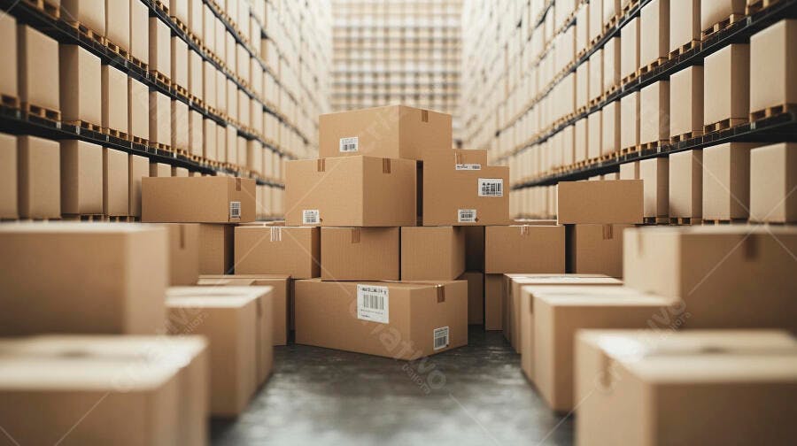 Caixas de papelão empilhadas em armazém industrial prontas para envio e armazenamento