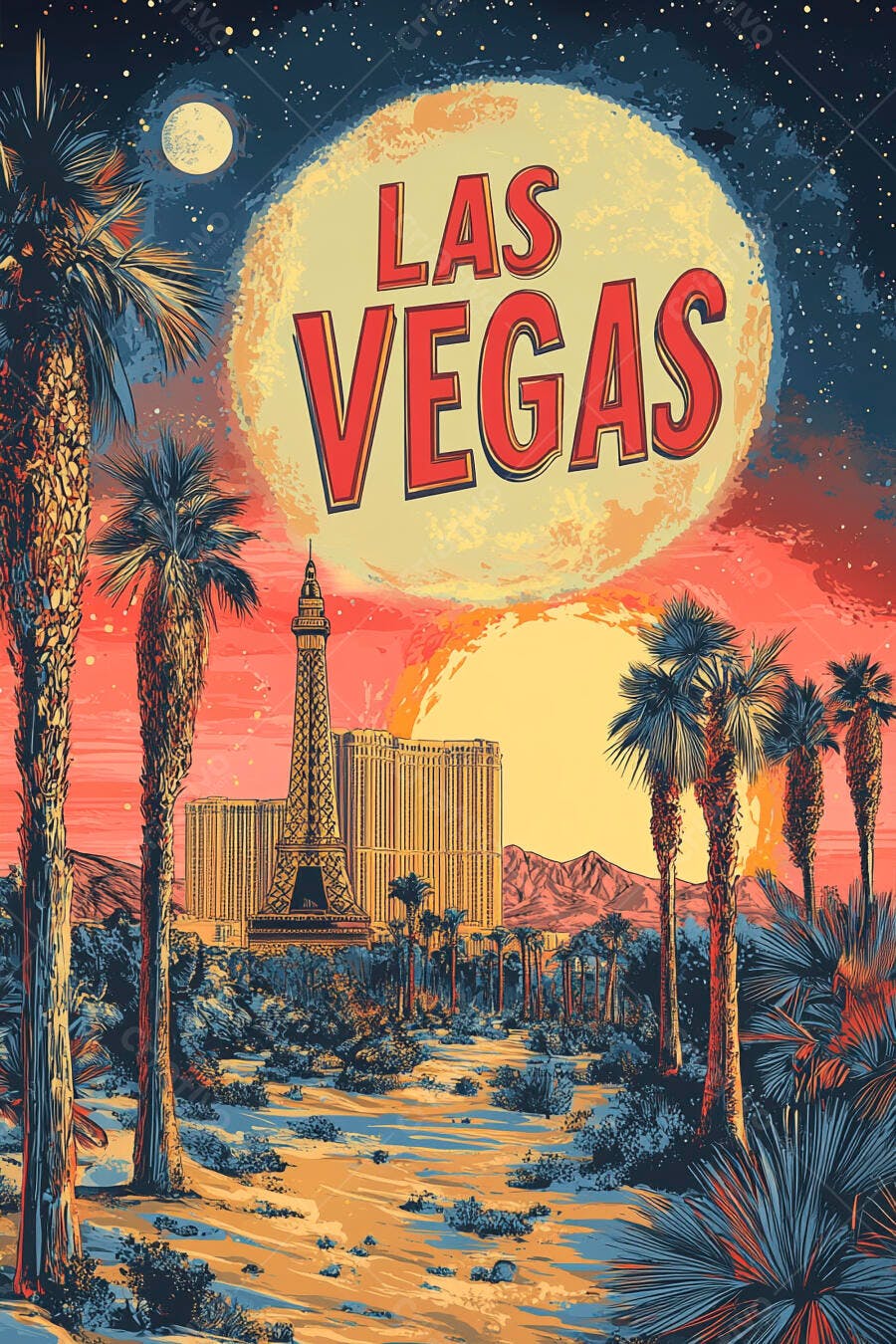 Ilustração retrô Las Vegas Torre Eiffel palmeiras deserto vibrante
