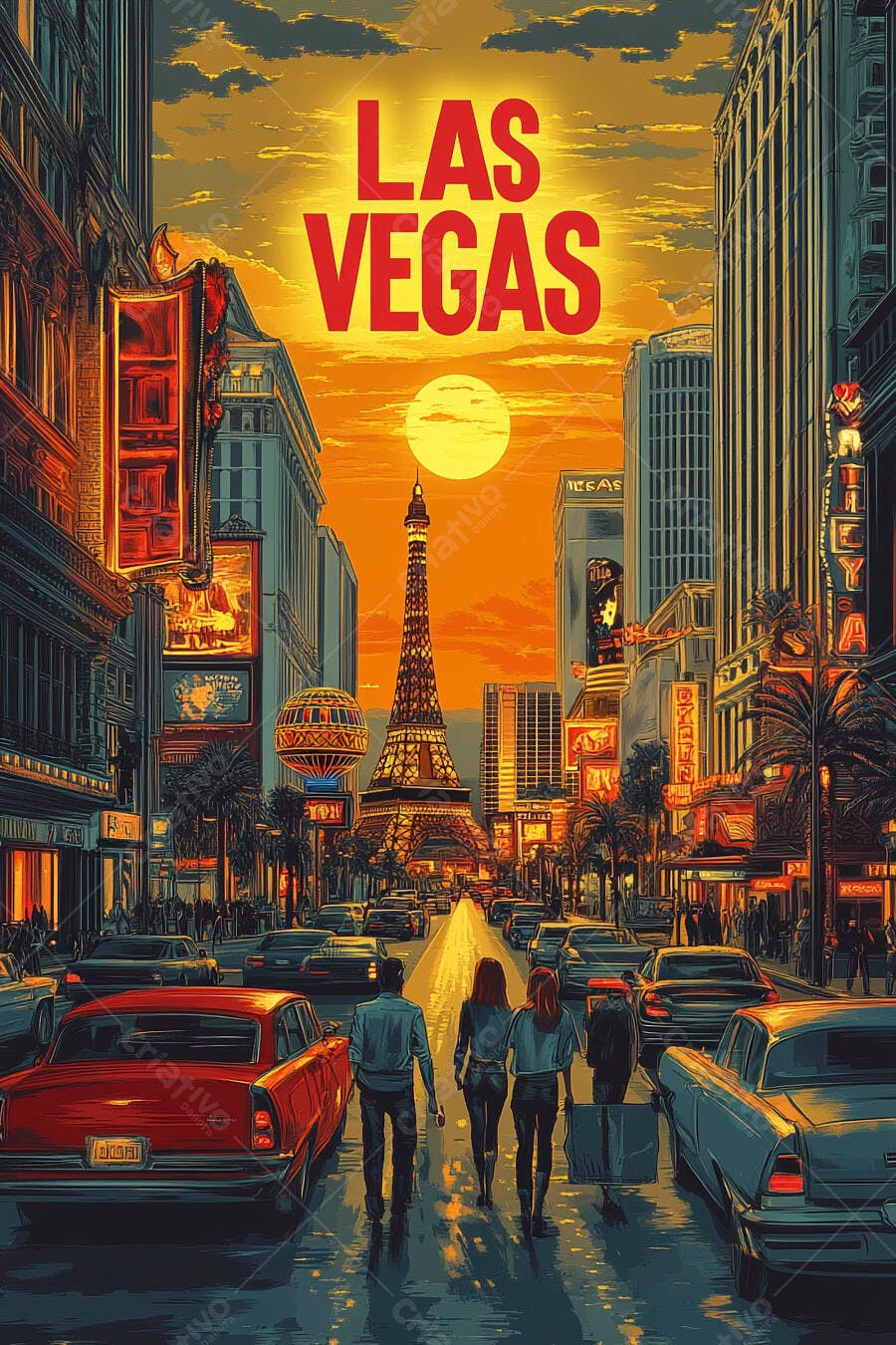 Las Vegas rua movimentada com pessoas carros antigos pôr do sol laranja