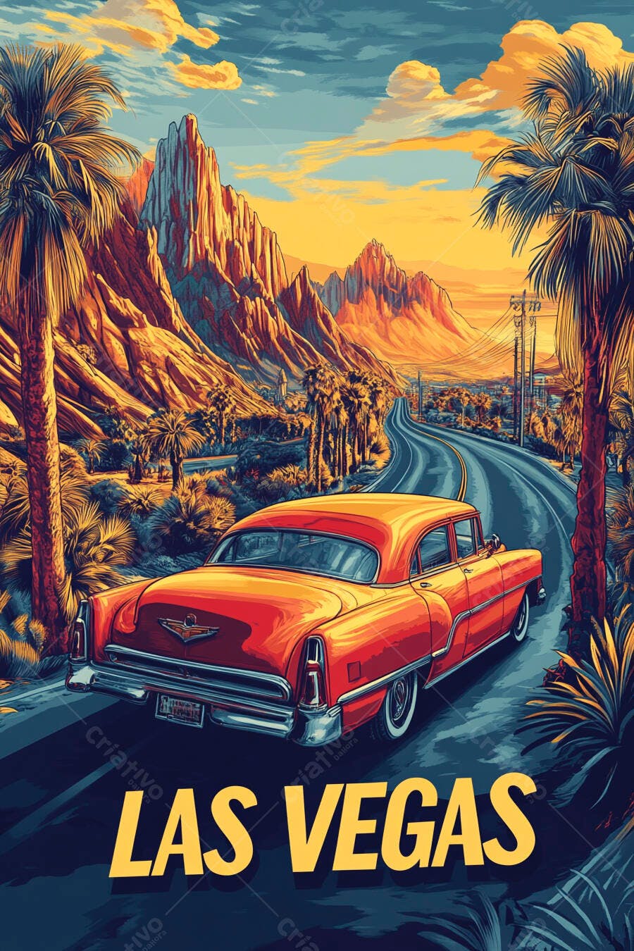 Carro clássico vermelho na estrada para Las Vegas pôr do sol desértico
