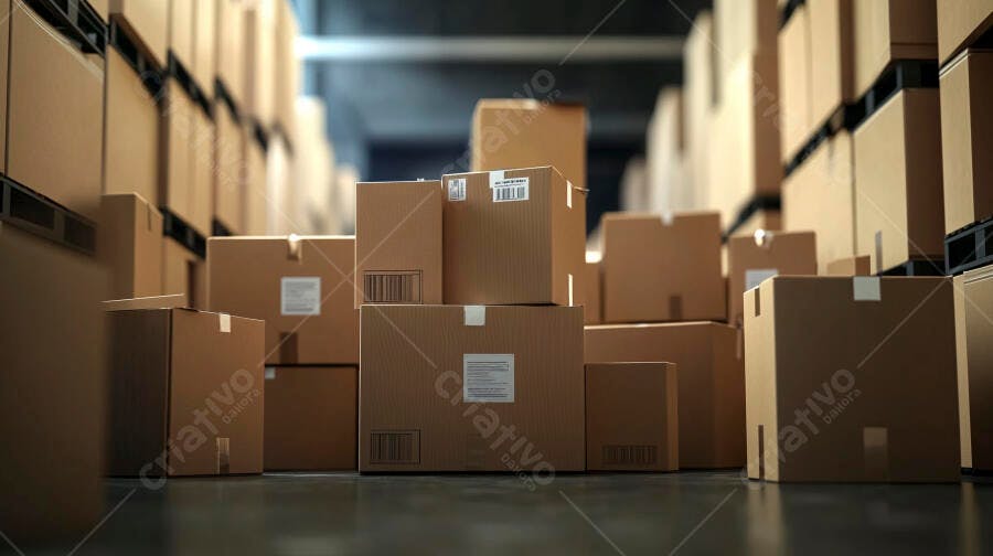 Caixas de papelão empilhadas em armazém de logística e distribuição