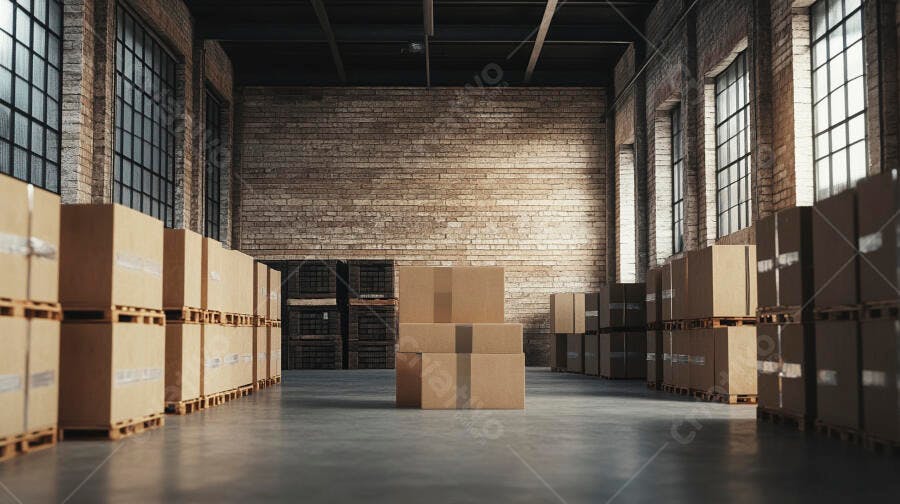 Armazém industrial com caixas de papelão e pallets em ambiente organizado