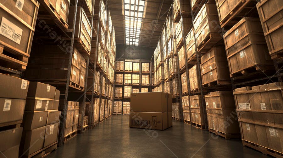 Armazém moderno com caixas de papelão em estantes industriais logística e estoque