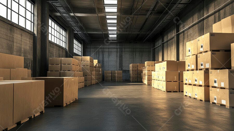 Armazém industrial com caixas de papelão empilhadas em paletes e luz natural entrando