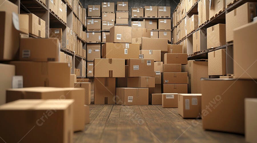 Caixas de papelão empilhadas em armazém logístico industrial