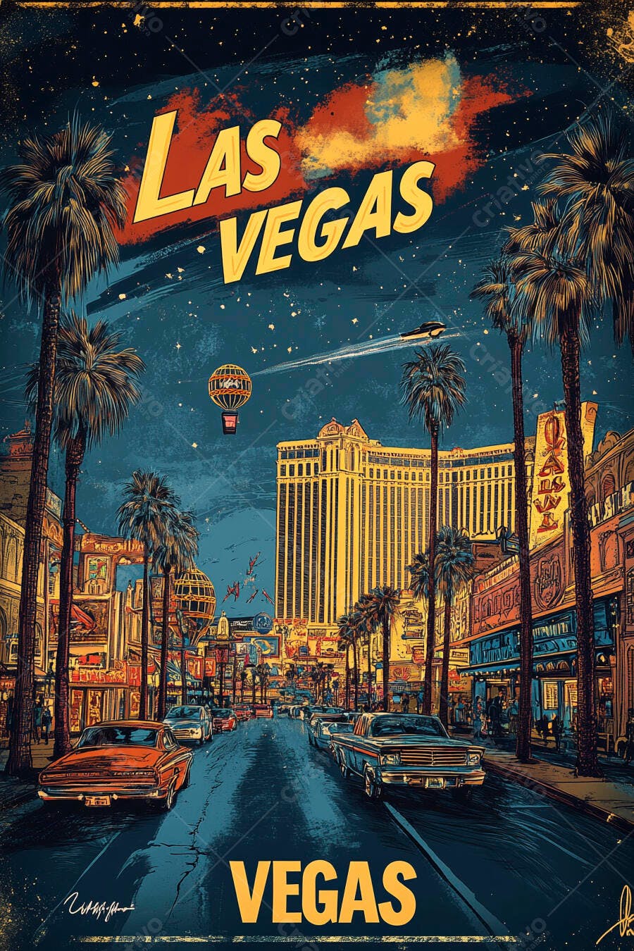 Las Vegas Strip noturna ilustração com carros clássicos e arranha-céus dourados