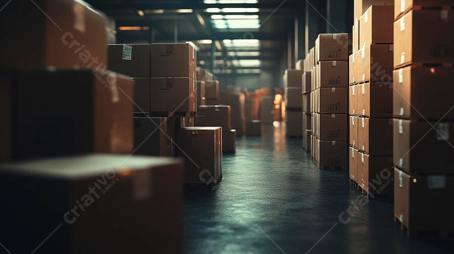 Caixas de papelão empilhadas em um corredor de armazém industrial escuro