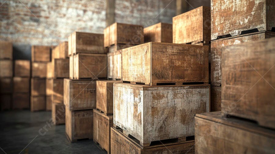 Caixas de madeira empilhadas em armazém industrial antigo