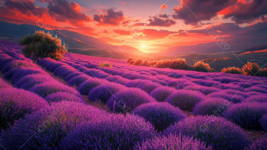 Campo de lavanda vibrante ao pôr do sol nas montanhas com céu laranja