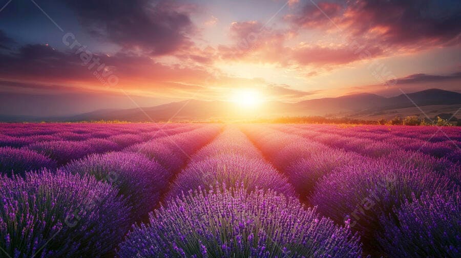 Vasto campo de lavanda roxa ao mágico pôr do sol laranja
