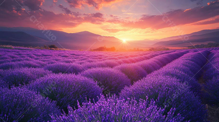 Campo de lavanda roxa com pôr do sol laranja e montanhas distantes